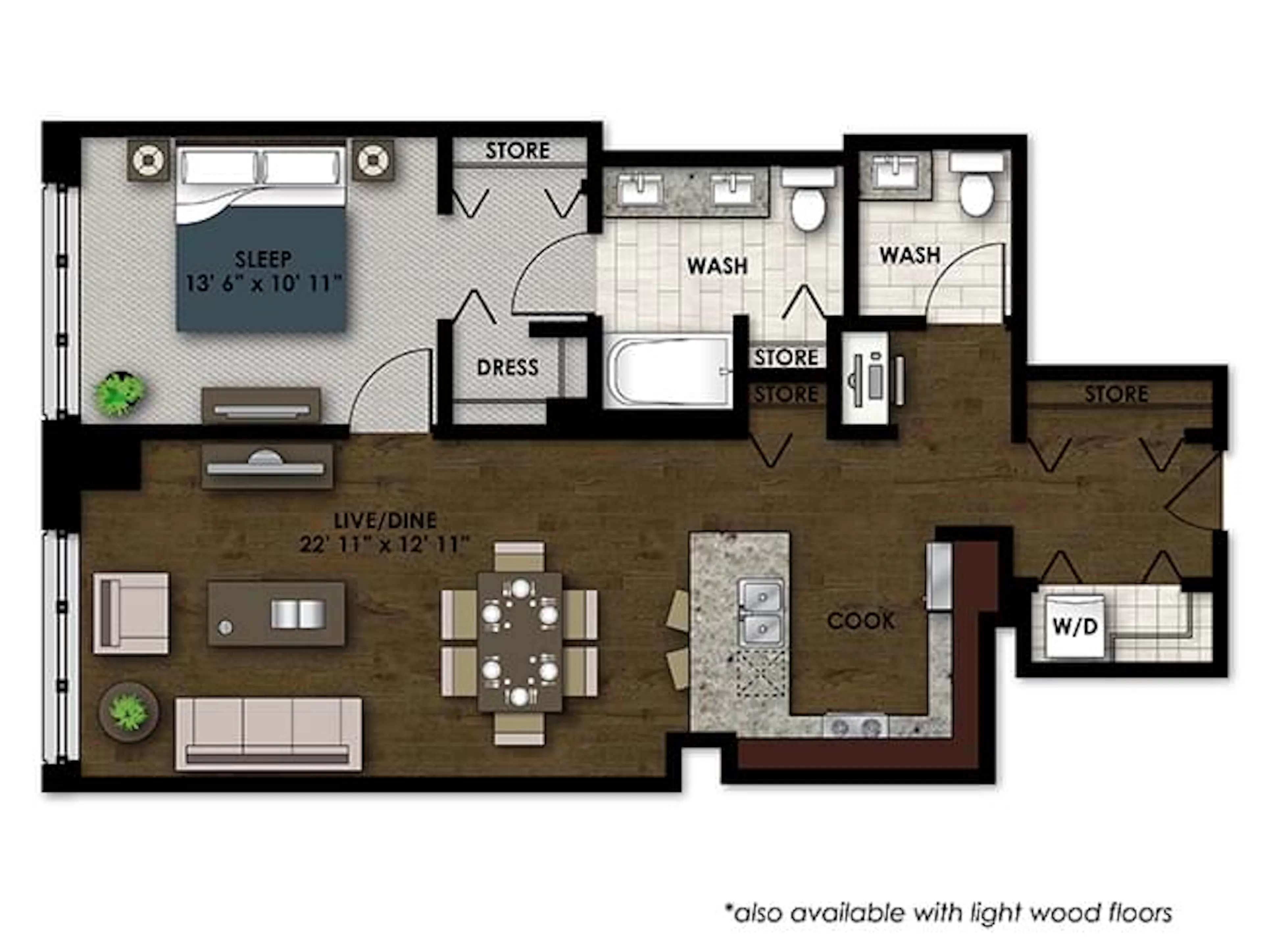 A540 floor plan, 1 Bedroom, 1.5 Bathroom at AMLI River North apartments