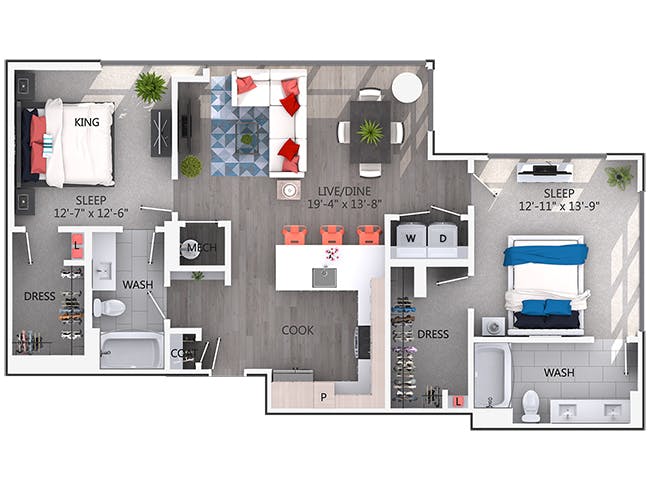C6 floor plan, 2 Bedroom, 2 Bathroom at AMLI Arts Center apartments