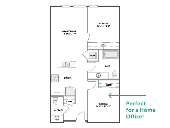 B4a floor plan, 2 Bedroom, 1.5 Bathroom, 2nd BR/Home Office at AMLI Spring District apartments
