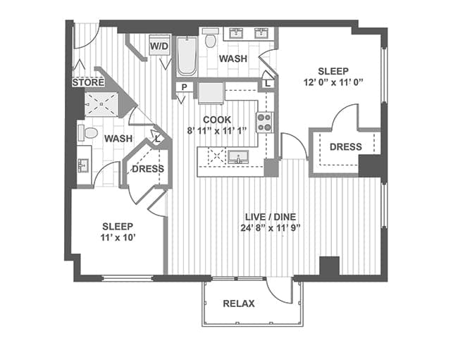 C500 floor plan, 2 Bedroom, 2 Bathroom at AMLI Lofts apartments