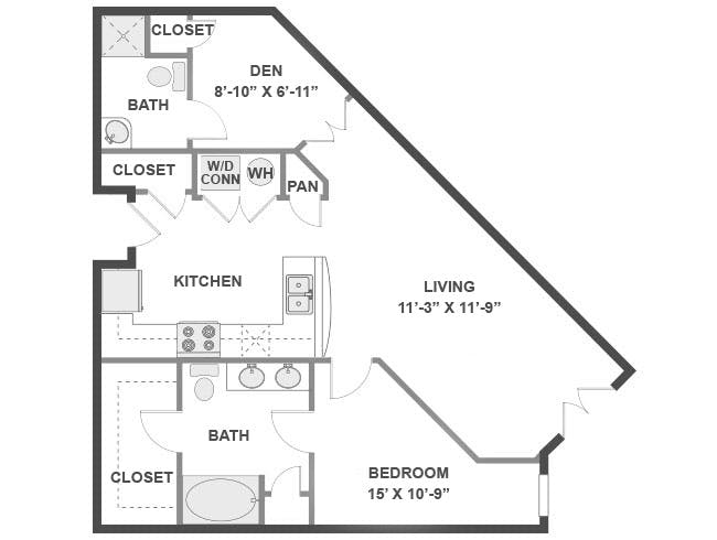 A4D floor plan, 1 Bedroom, 2 Bathroom, Den/Office at AMLI 300 apartments