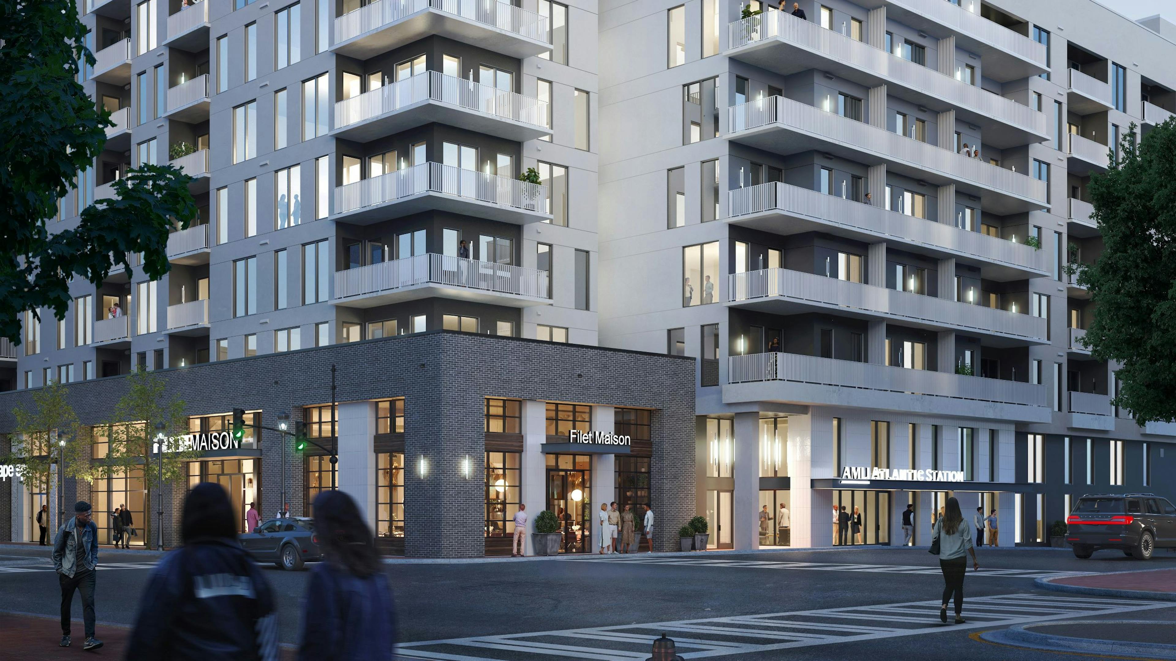 Rendering of AMLI Atlantic station apartment building exterior with gray facade with storefronts and people walking along street