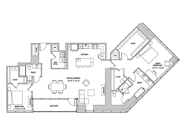 C14 floor plan, 2 Bedroom, 2 Bathroom at AMLI Fountain Place apartments