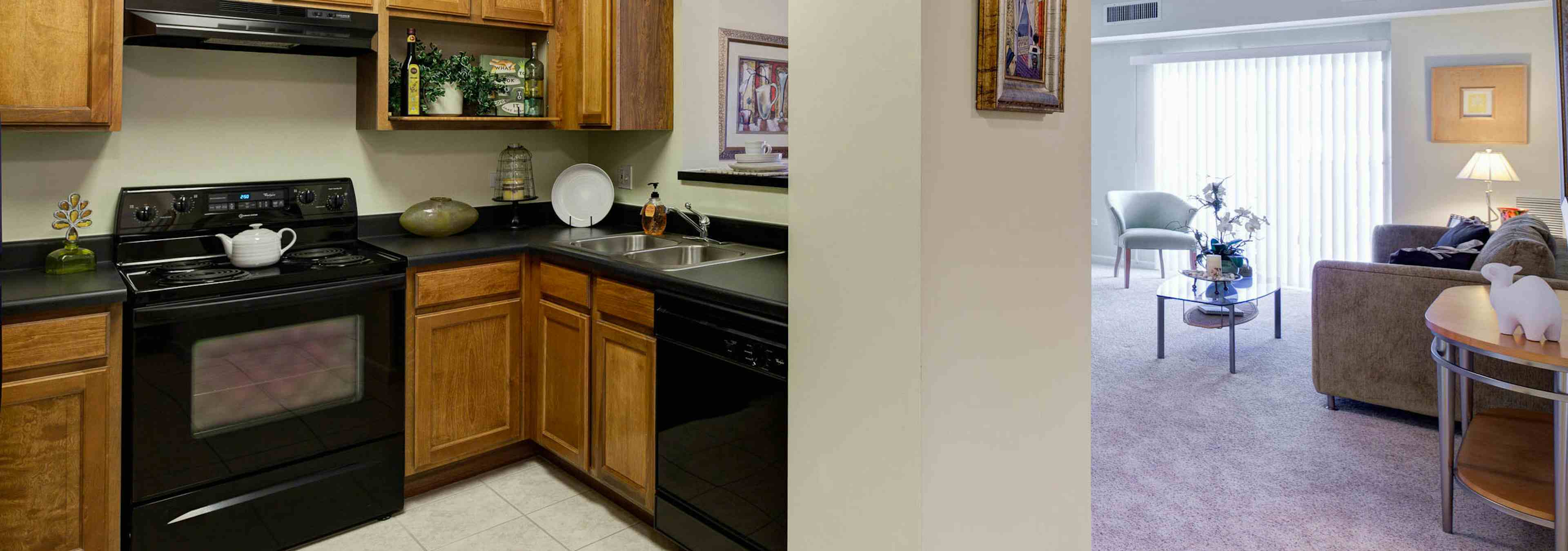 View of kitchen at AMLI at Seven Bridges with a wall to separate from carpeted living room area visible in the background