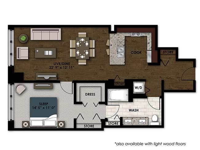 A510 floor plan, 1 Bedroom, 1 Bathroom at AMLI River North apartments