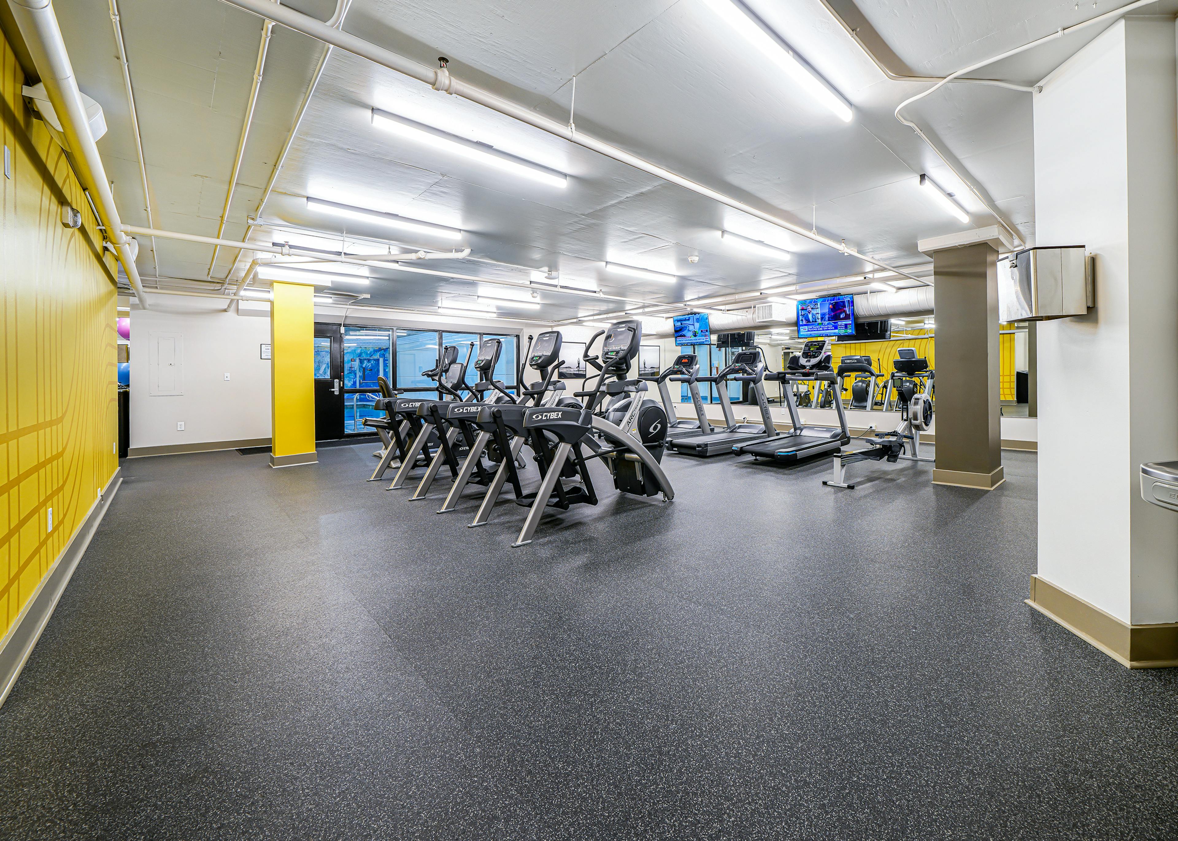 AMLI Bellevue Park fitness center with 2 rows of ellipticals and treadmills and a black padded floor and white ceiling
