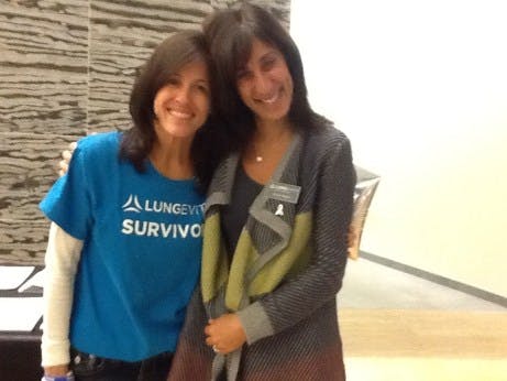 Lung cancer advocates and friends, Jill and Sue, showing solidarity during Lung Cancer Awareness Month