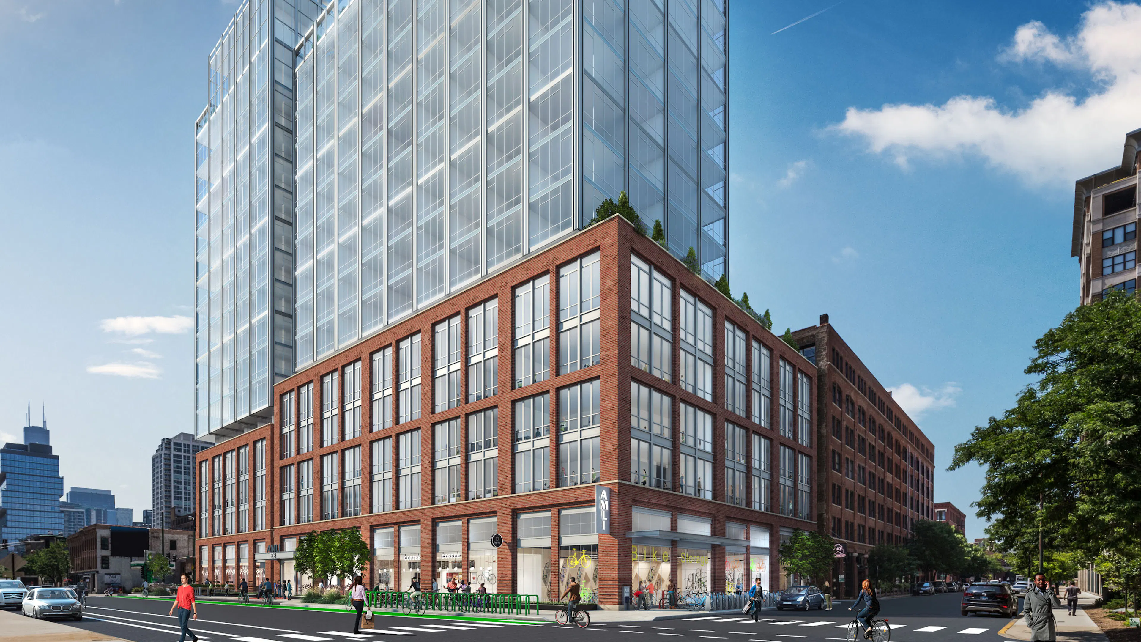 Rendering of AMLI 808 red brick and glass apartment building façade on Chicago street corner with people and walking by