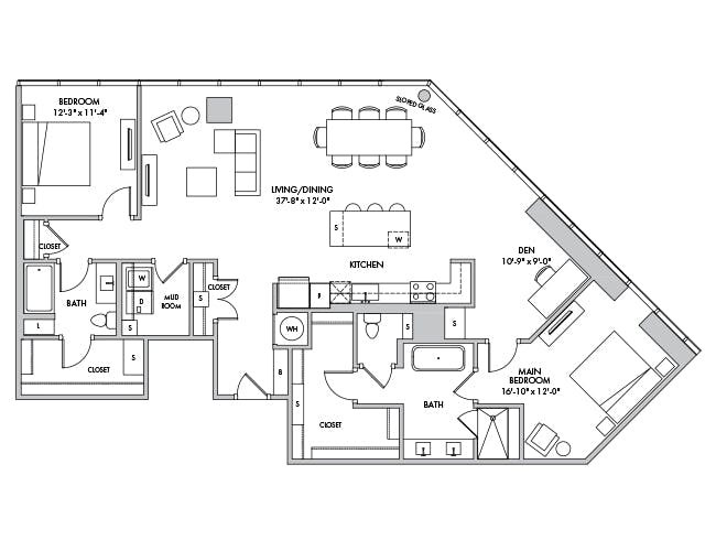 C12b-D floor plan, 2 Bedroom, 2 Bathroom, Den/Office at AMLI Fountain Place apartments