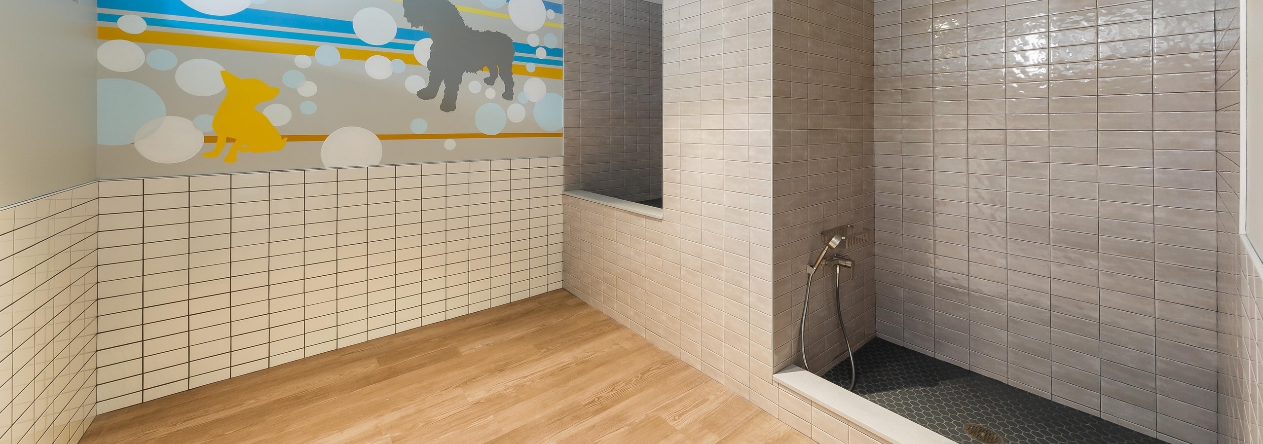 Pet spa amenity at AMLI 808 with a grey tiled dog shower and colorful wall art featuring dog outlines and bubbles