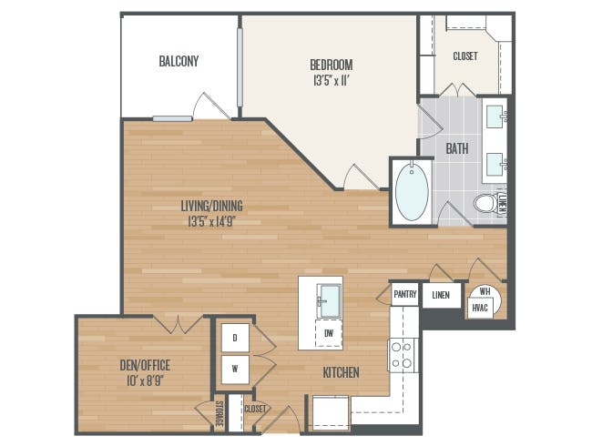 A5cD floor plan, 1 Bedroom, 1 Bathroom, Den/Office at AMLI Grapevine apartments