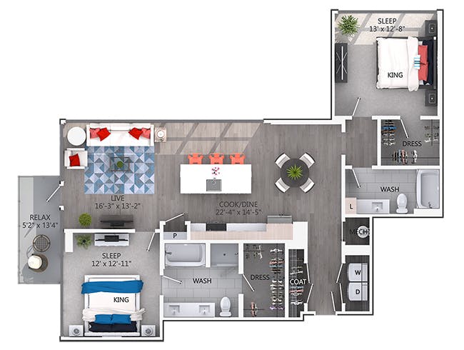 C6e floor plan, 2 Bedroom, 2 Bathroom at AMLI Arts Center apartments