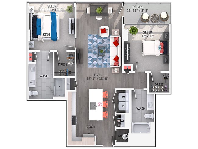C5 floor plan, 2 Bedroom, 2 Bathroom at AMLI Arts Center apartments
