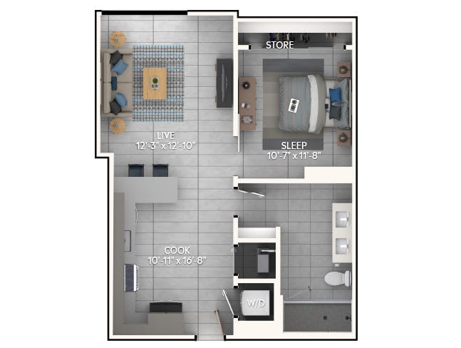 A3a floor plan, 1 Bedroom, 1 Bathroom at AMLI Wynwood apartments