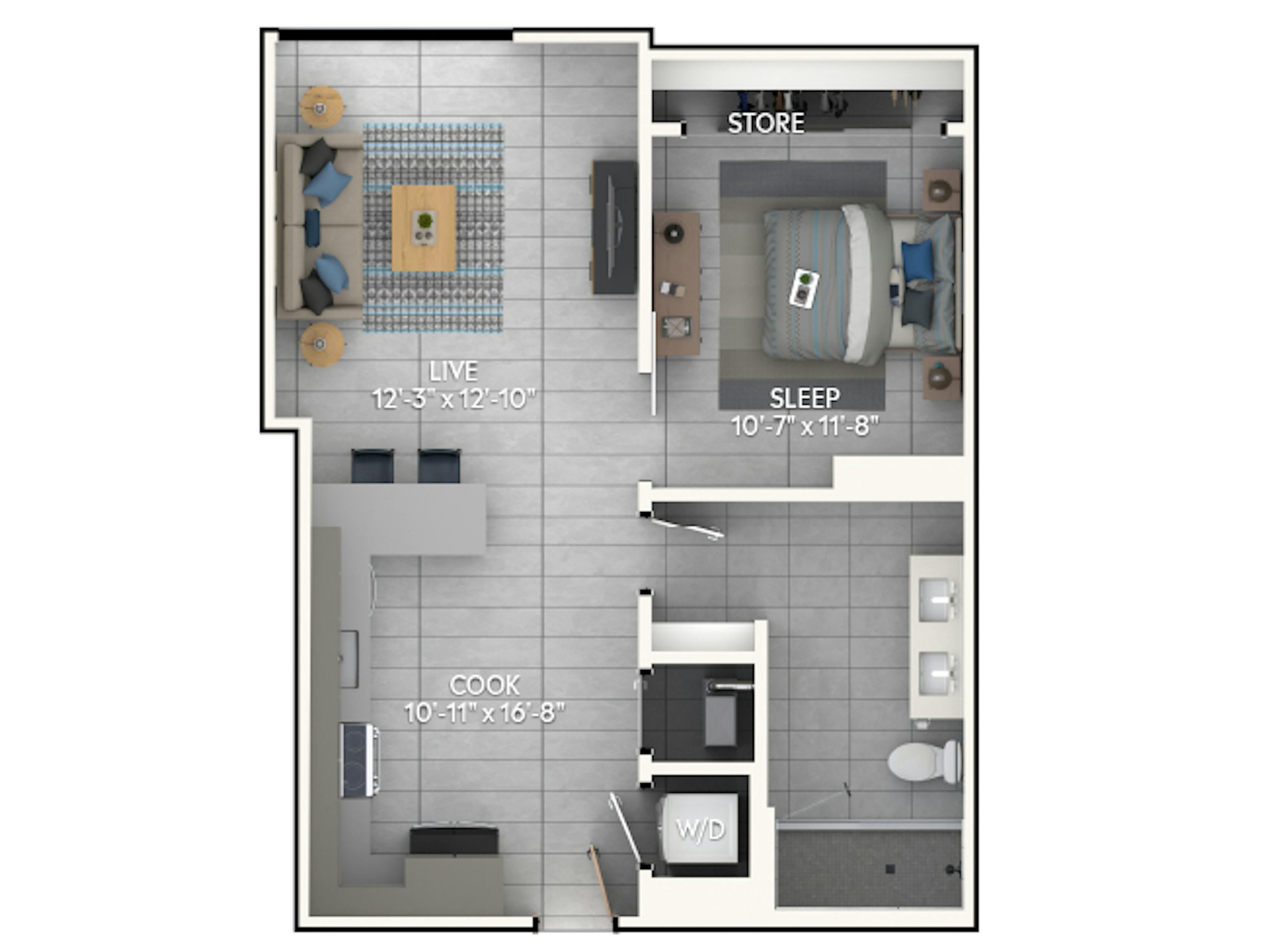 A3a floor plan, 1 Bedroom, 1 Bathroom at AMLI Wynwood apartments