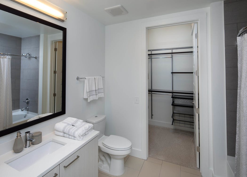 AMLI 3464 bathroom with a white vanity sink and toilet across from the bathtub with an open door peaking into walk in closet
