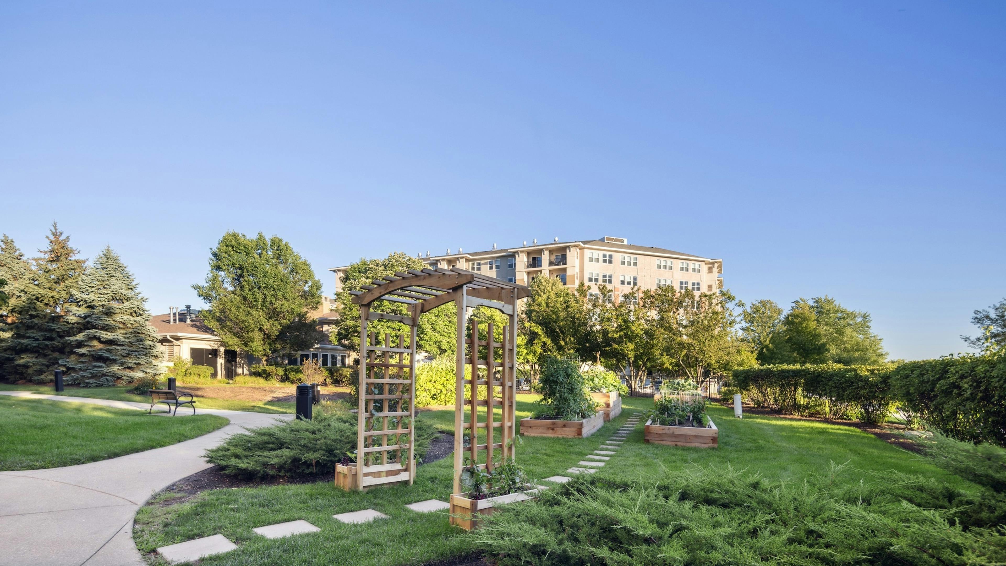 Greenspace with stone path going under wood trellis and into resident garden with multiple wood planter boxes set in grass