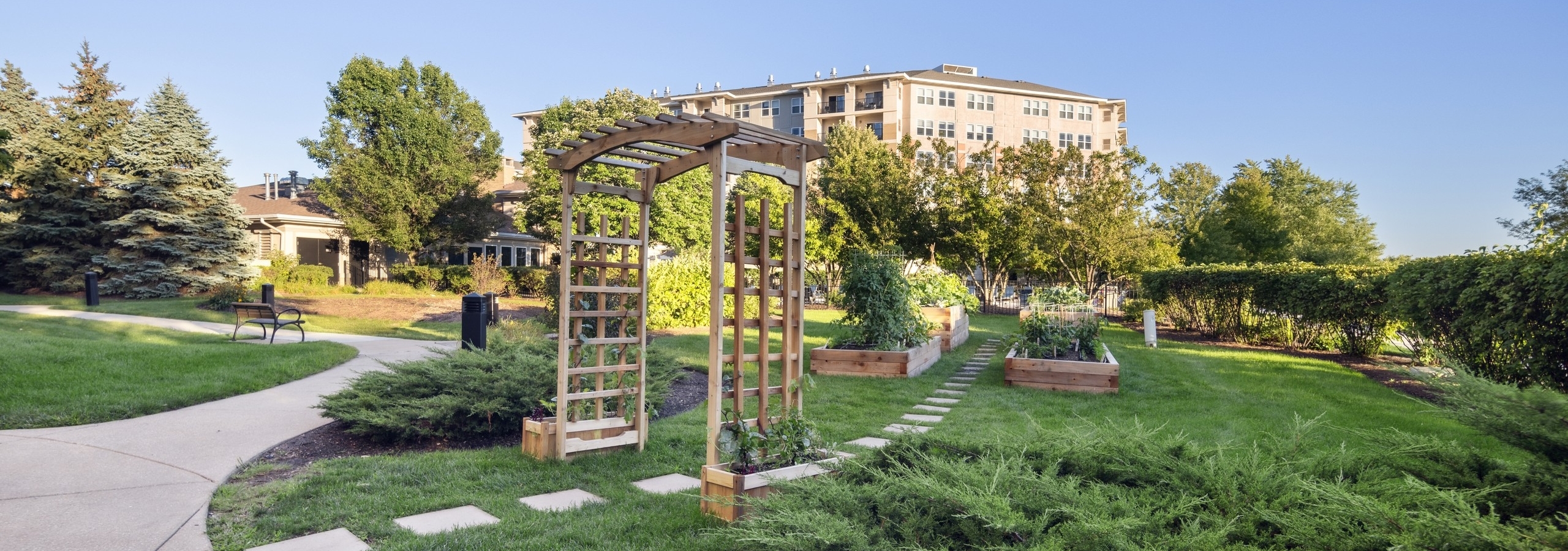 Greenspace with stone path going under wood trellis and into resident garden with multiple wood planter boxes set in grass