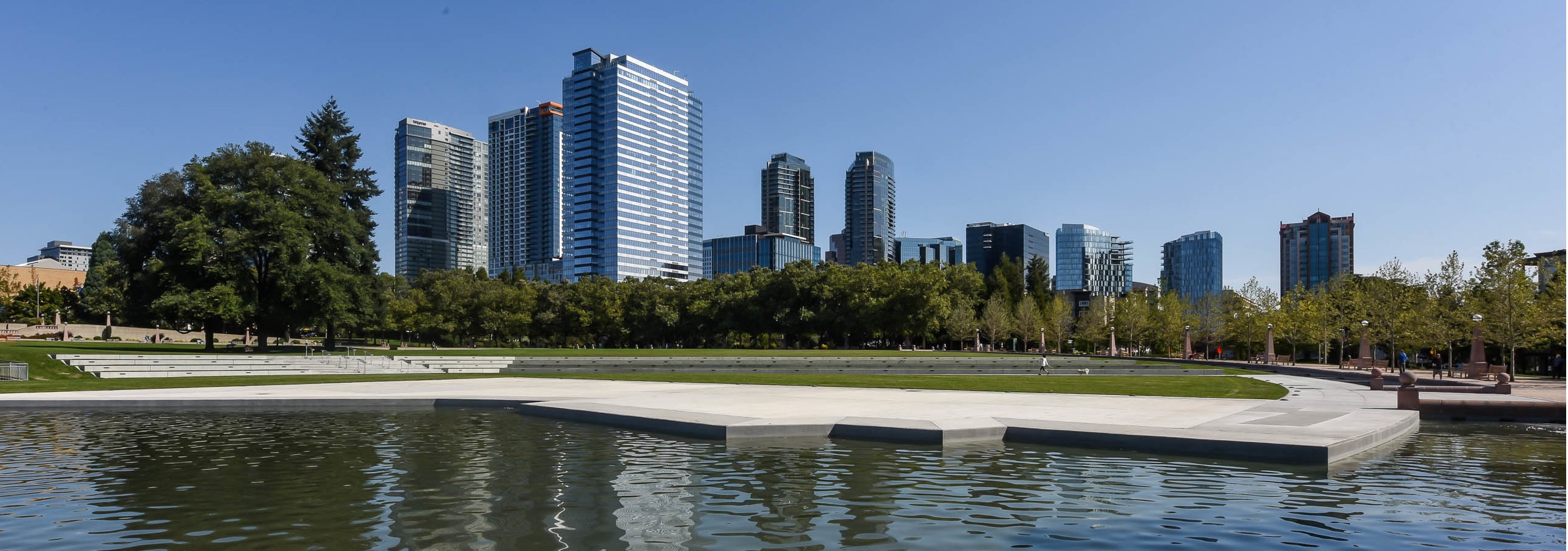 Downtown Bellevue Park right across the street from AMLI Bellevue Park gorgeous pond and walking path seating area and huge green grassy area
