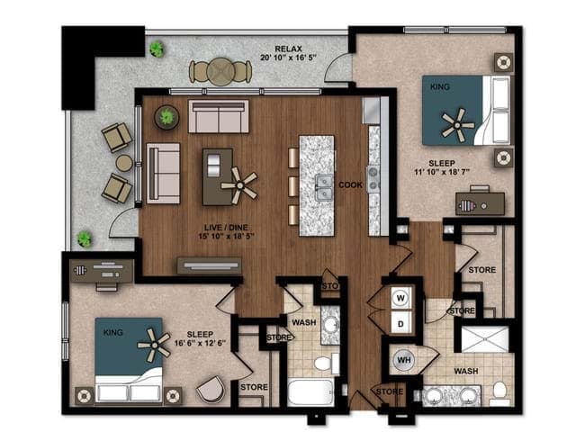 Apex floor plan, 2 Bedroom, 2 Bathroom at AMLI Ponce Park apartments