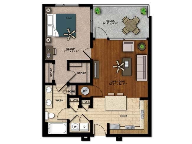 Aero floor plan, 1 Bedroom, 1 Bathroom at AMLI Ponce Park apartments