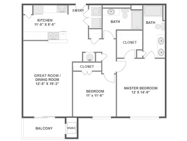 Oakmont floor plan, 2 Bedroom, 2 Bathroom at AMLI at Seven Bridges apartments