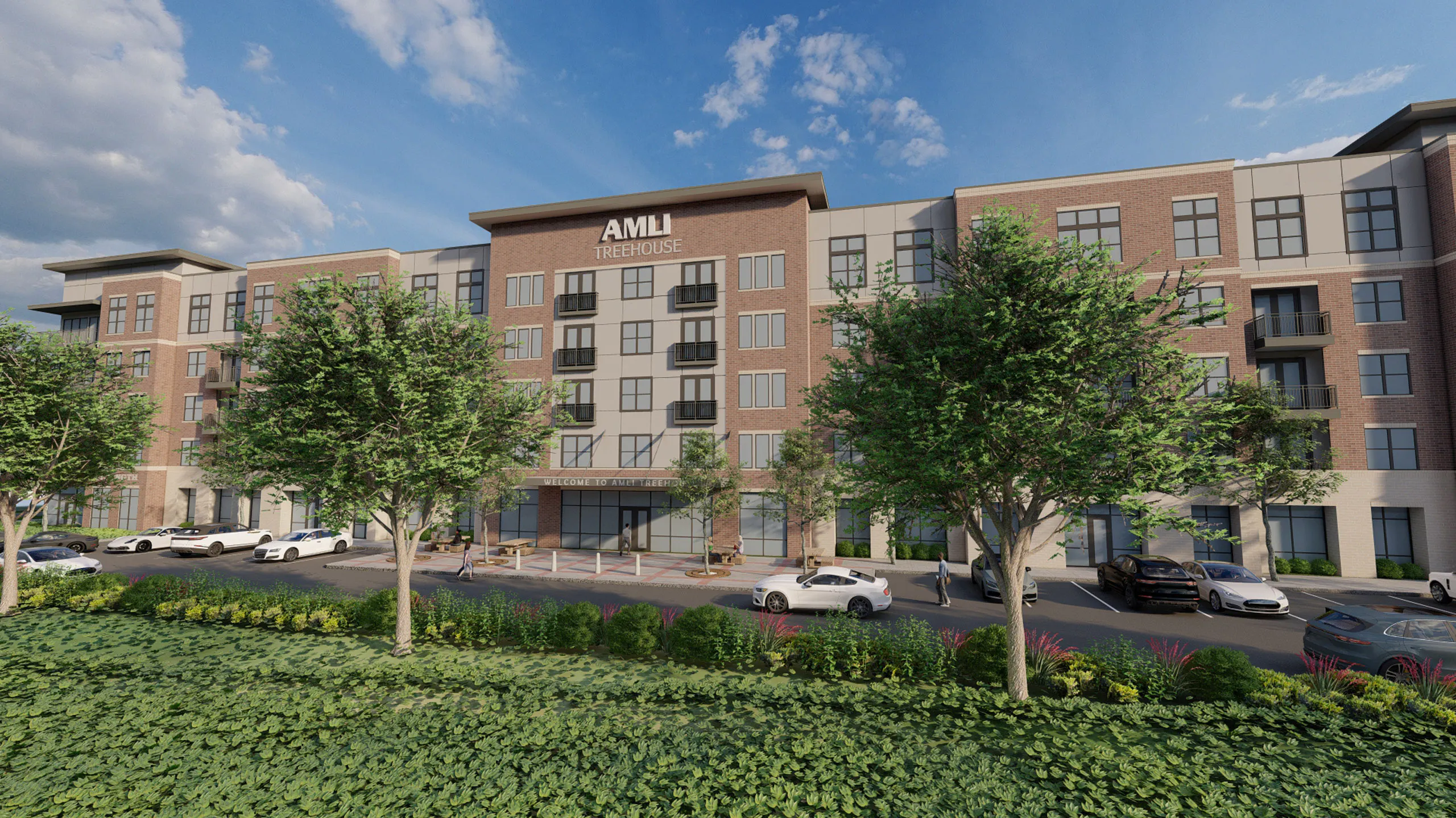 Rendering of AMLI Tree House apartment building with light brown brick façade and green trees and plantings in foreground