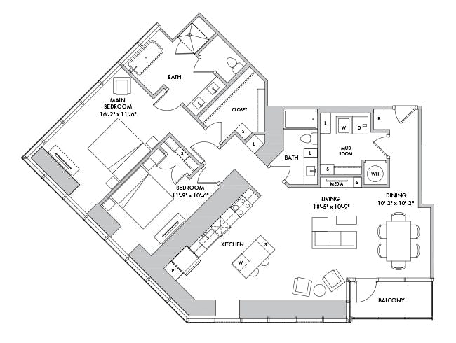 C11 floor plan, 2 Bedroom, 2 Bathroom at AMLI Fountain Place apartments