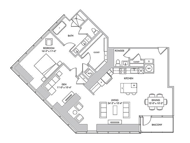 B12 floor plan, 1 Bedroom, 1.5 Bathroom, Den/Office at AMLI Fountain Place apartments