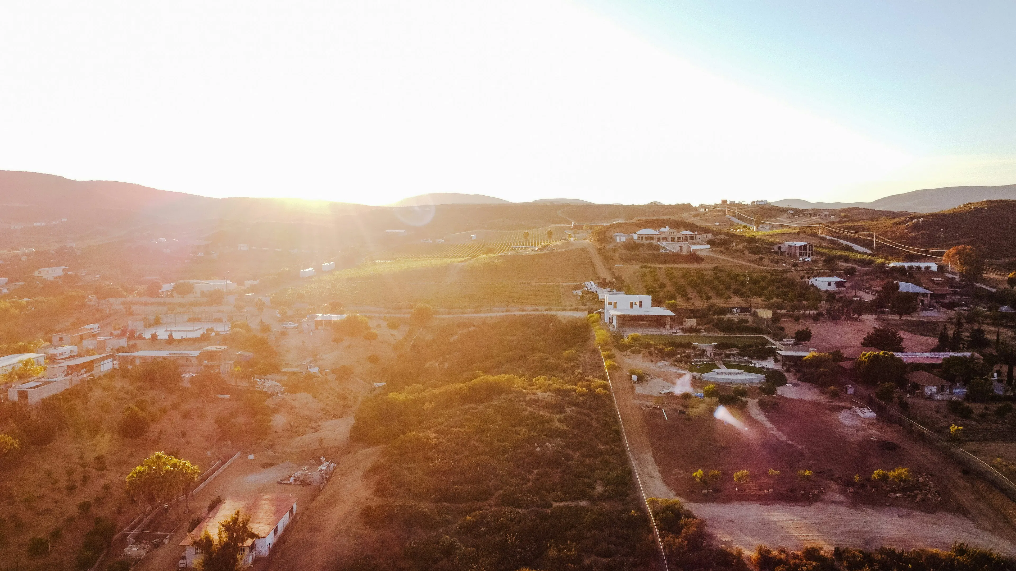 An aerial view of the Guadalupe Valley wine region with wineries and vineyards dotting the hills