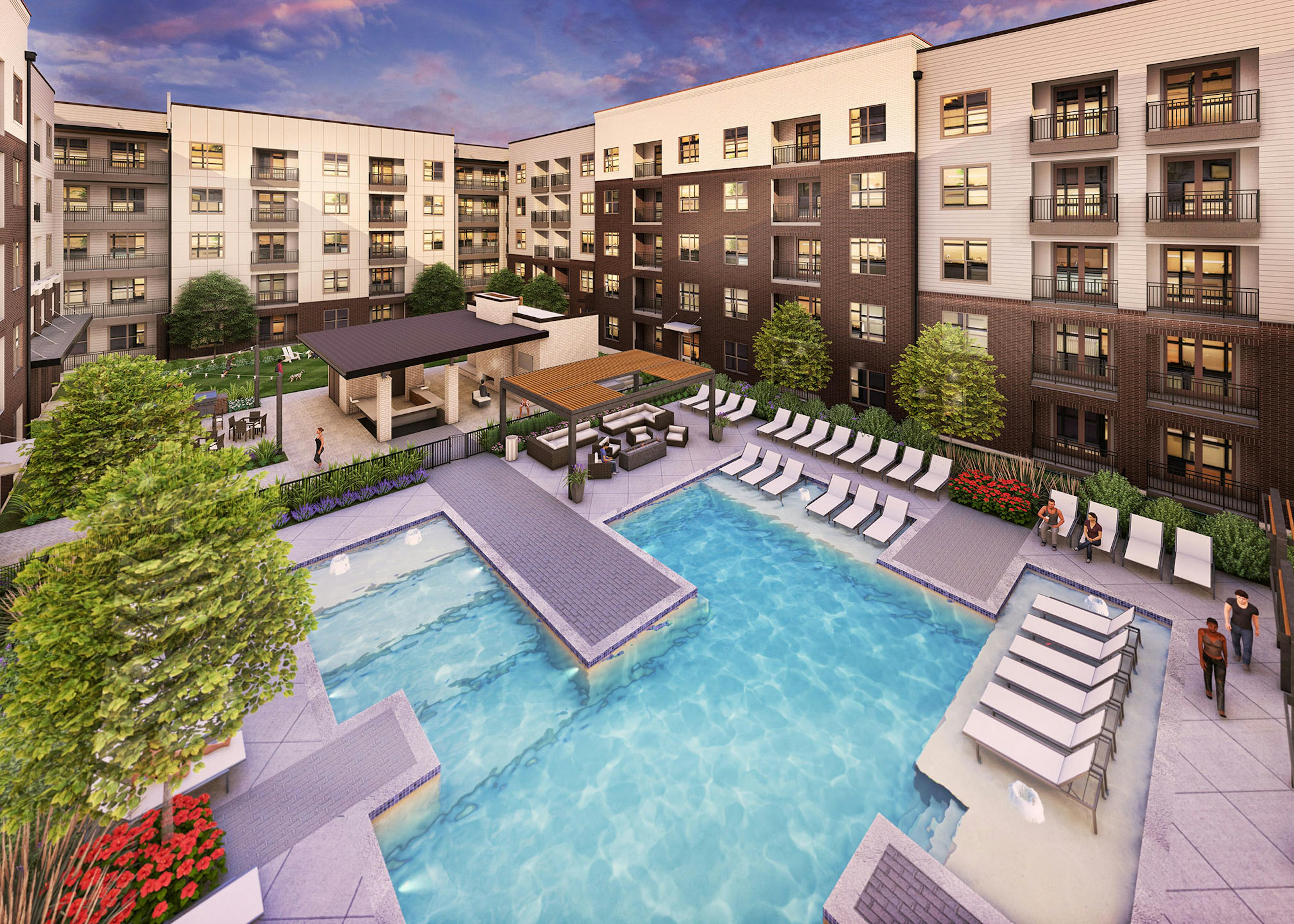 Rendering of AMLI North Park apartment building at dusk with brick façade and lit up monument signs surrounded by trees