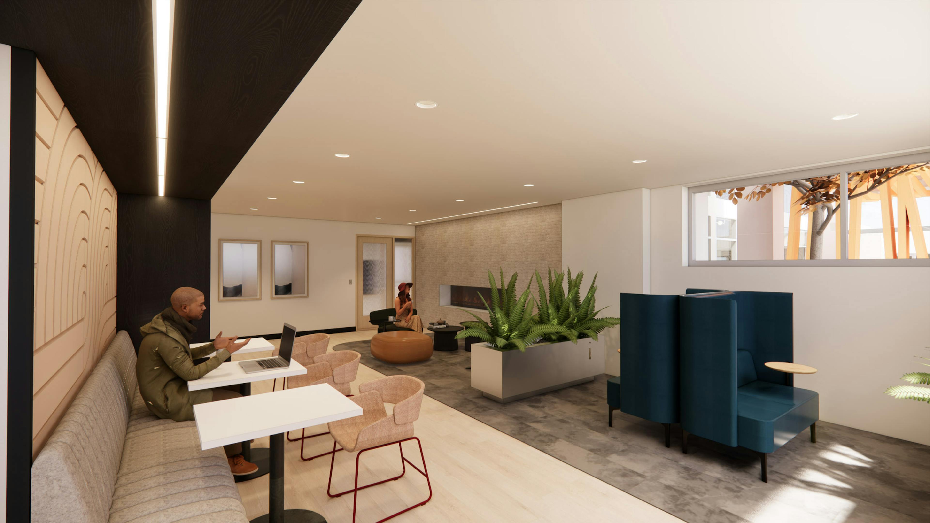 Rendering of AMLI 535 clubroom with person sitting in a booth working on a laptop with 3 white tables and other seating near potted plants