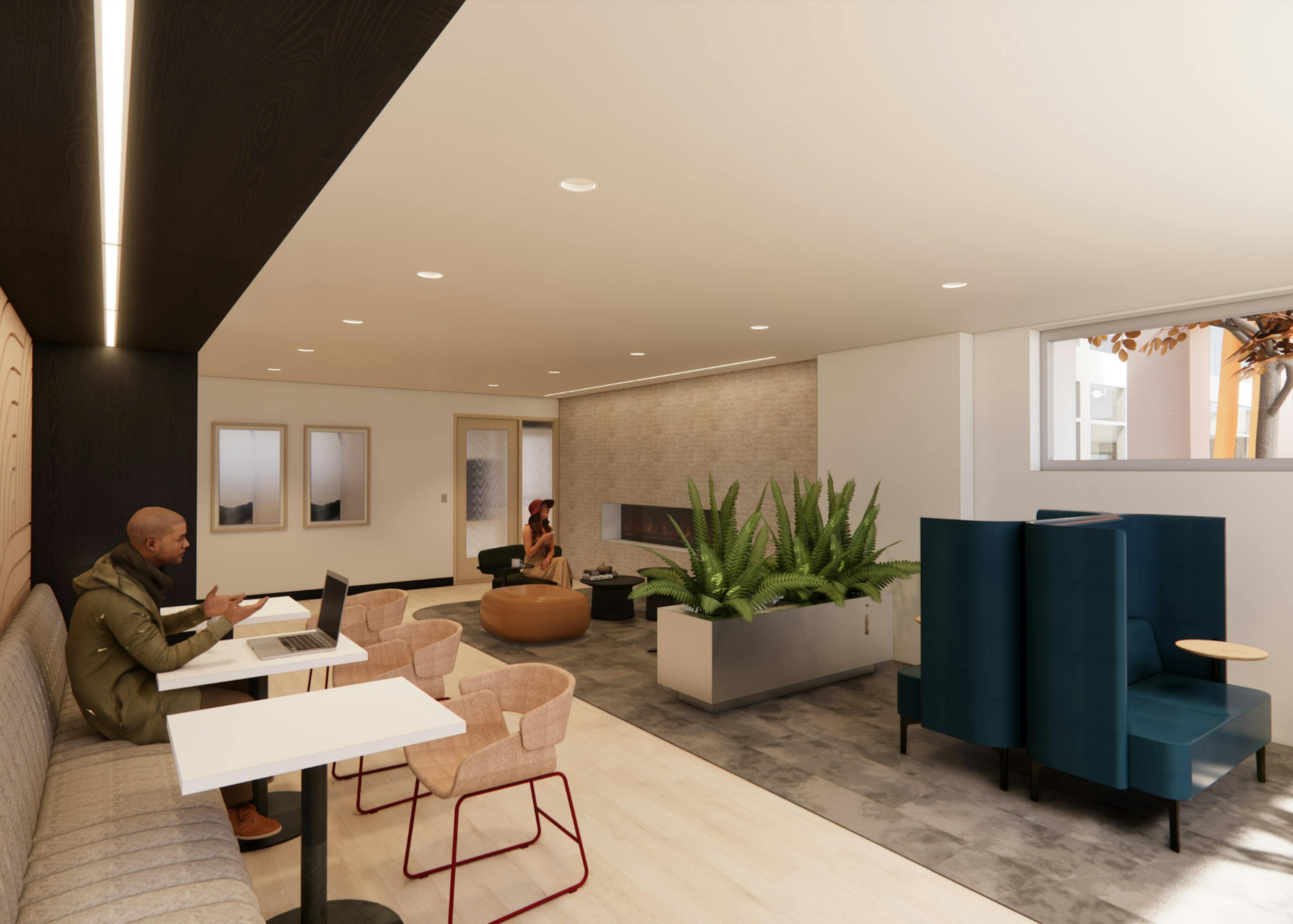 Rendering of AMLI 535 clubroom with person sitting in a booth working on a laptop with 3 white tables and other seating near potted plants