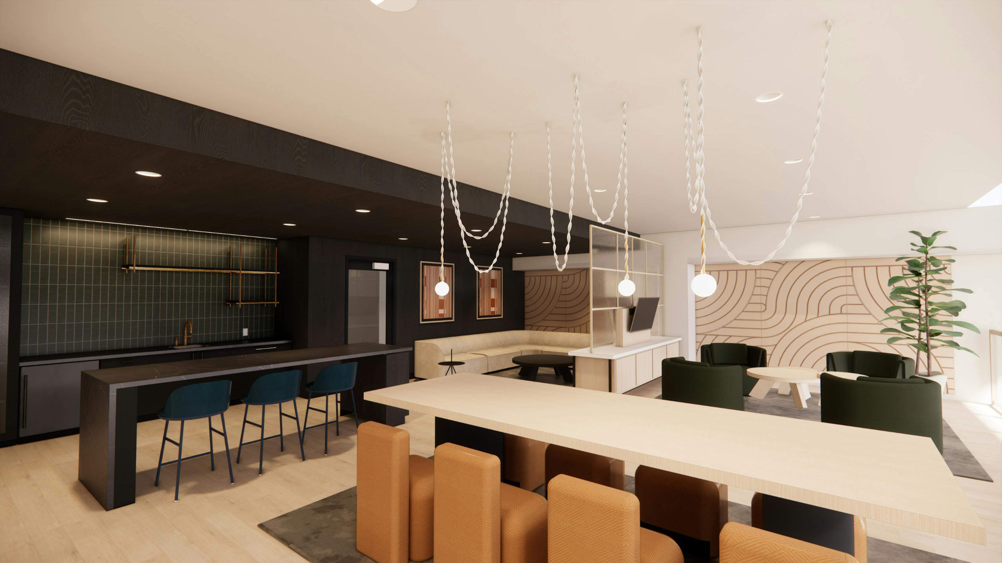 Rendering of AMLI 535 game lounge featuring dark kitchen with island and pendant lights and a long white table and booth and chair seating