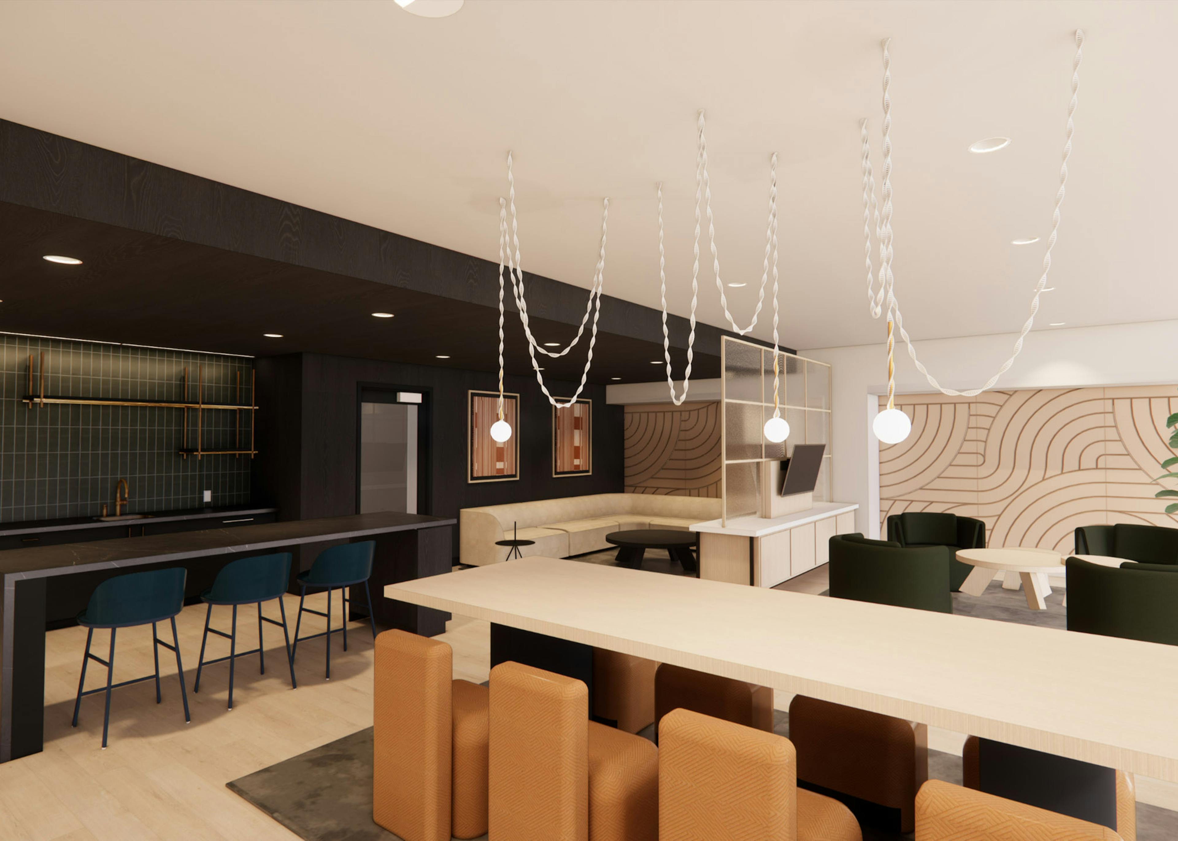 Rendering of AMLI 535 game lounge featuring dark kitchen with island and pendant lights and a long white table and booth and chair seating