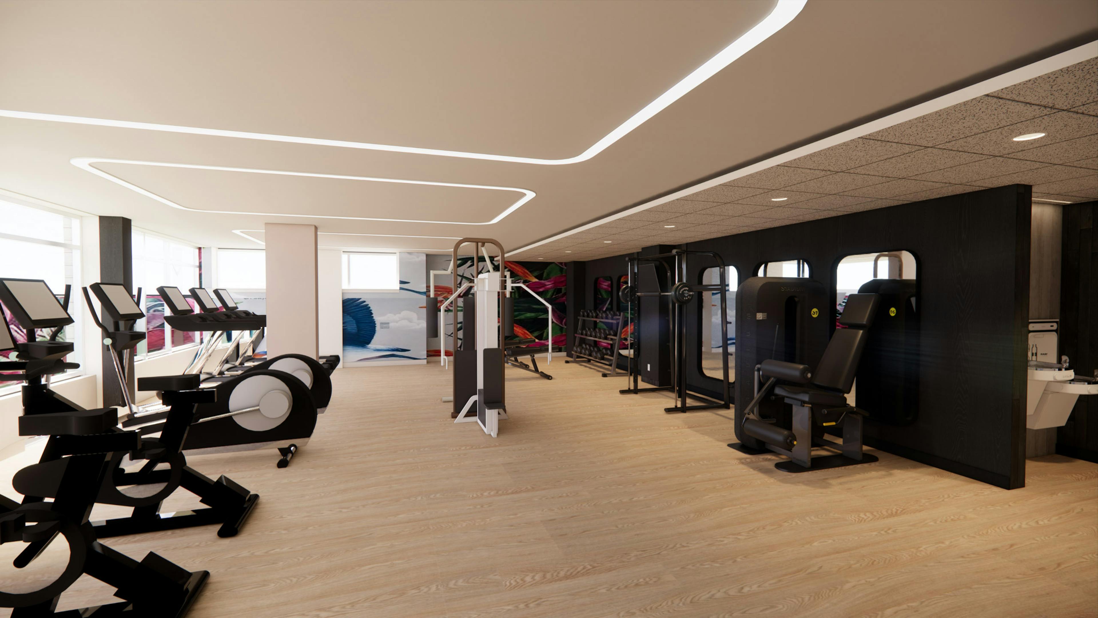 Rendering of fitness center at AMLI 535 apartments with treadmills and weight machines with wood floors and distant wall mural