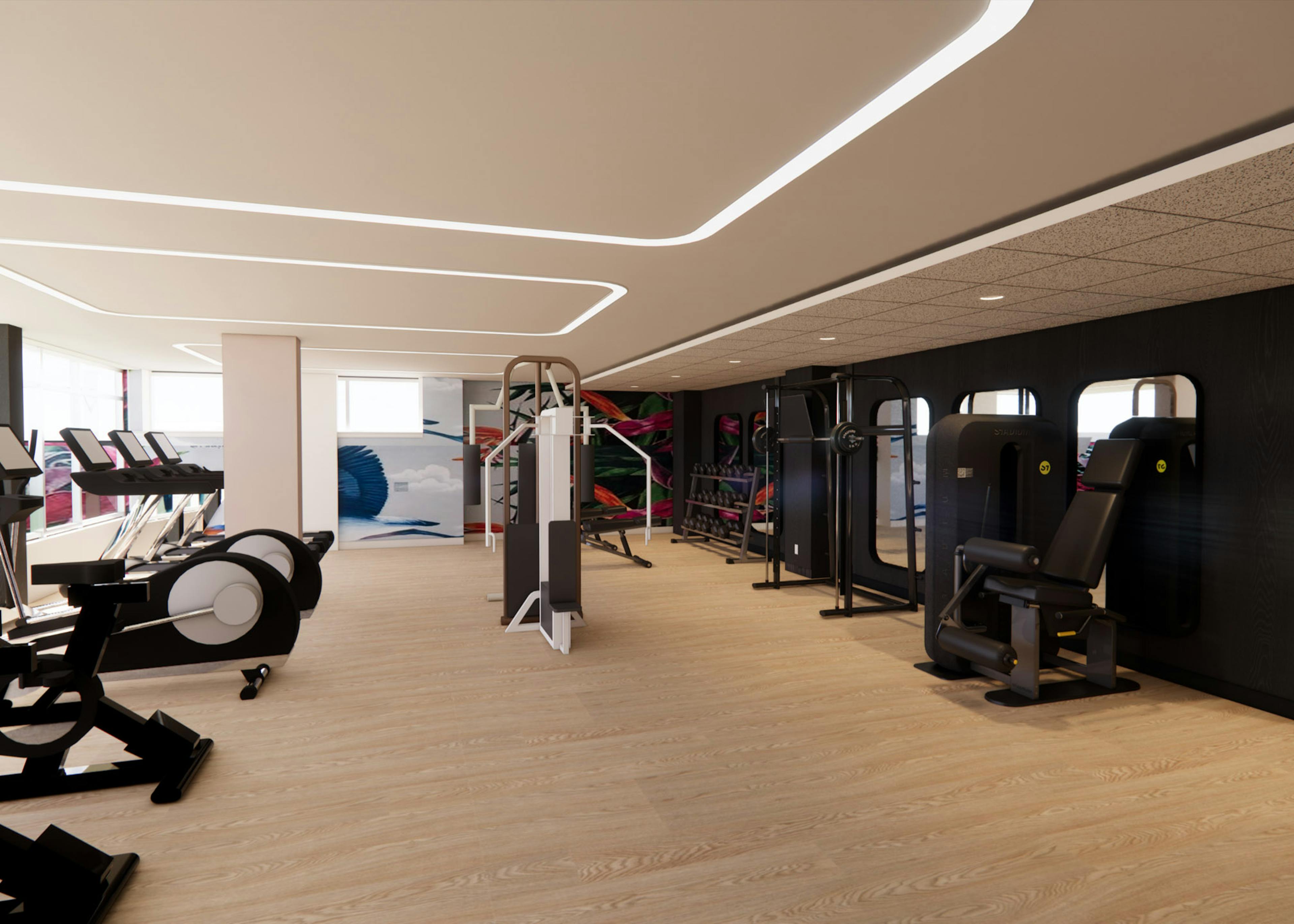 Rendering of fitness center at AMLI 535 apartments with treadmills and weight machines with wood floors and distant wall mural