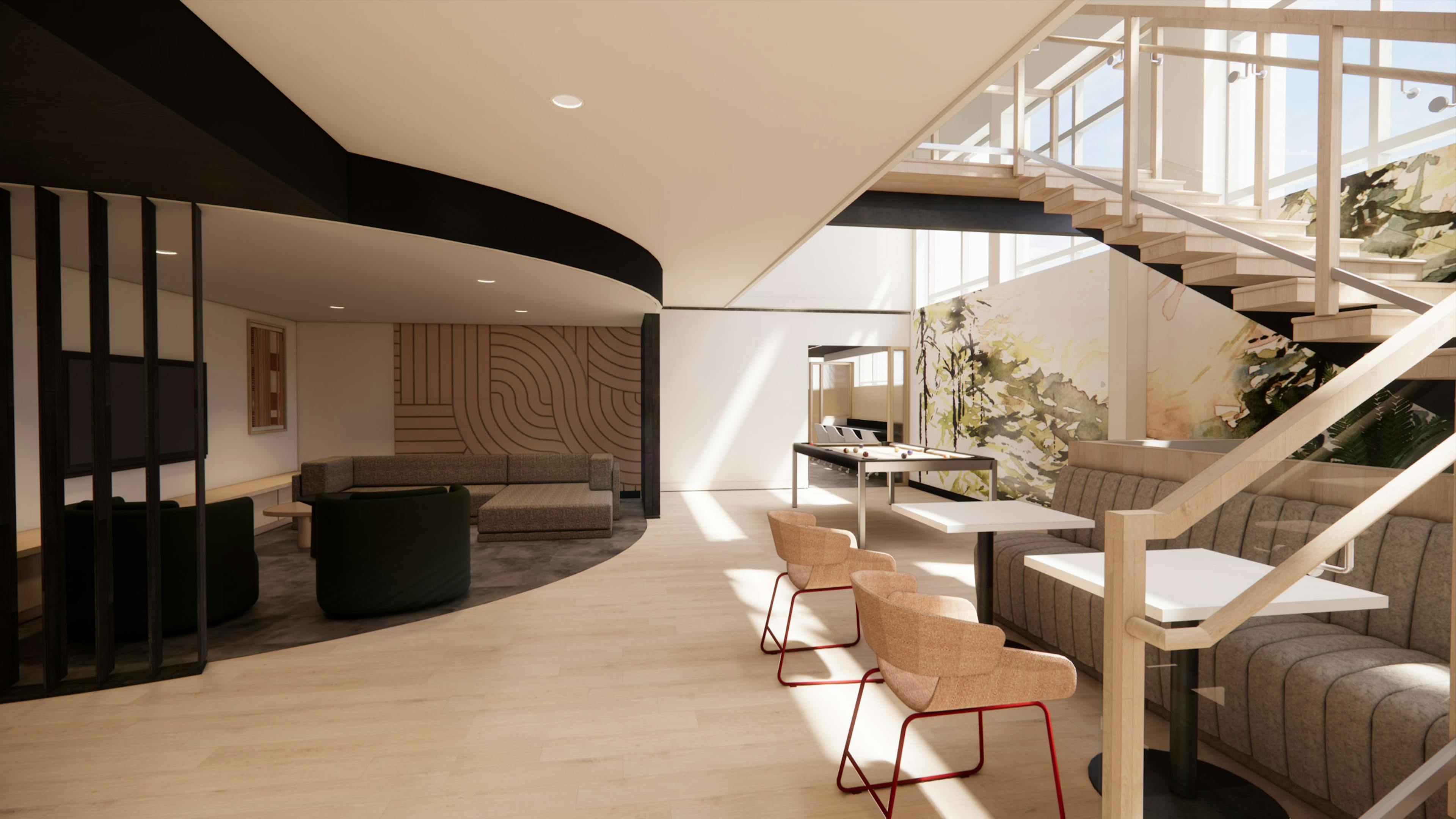 Rendering of spacious AMLI 535 clubroom with abundant natural light featuring a staircase over booth seating adjacent to a cozy seating area 