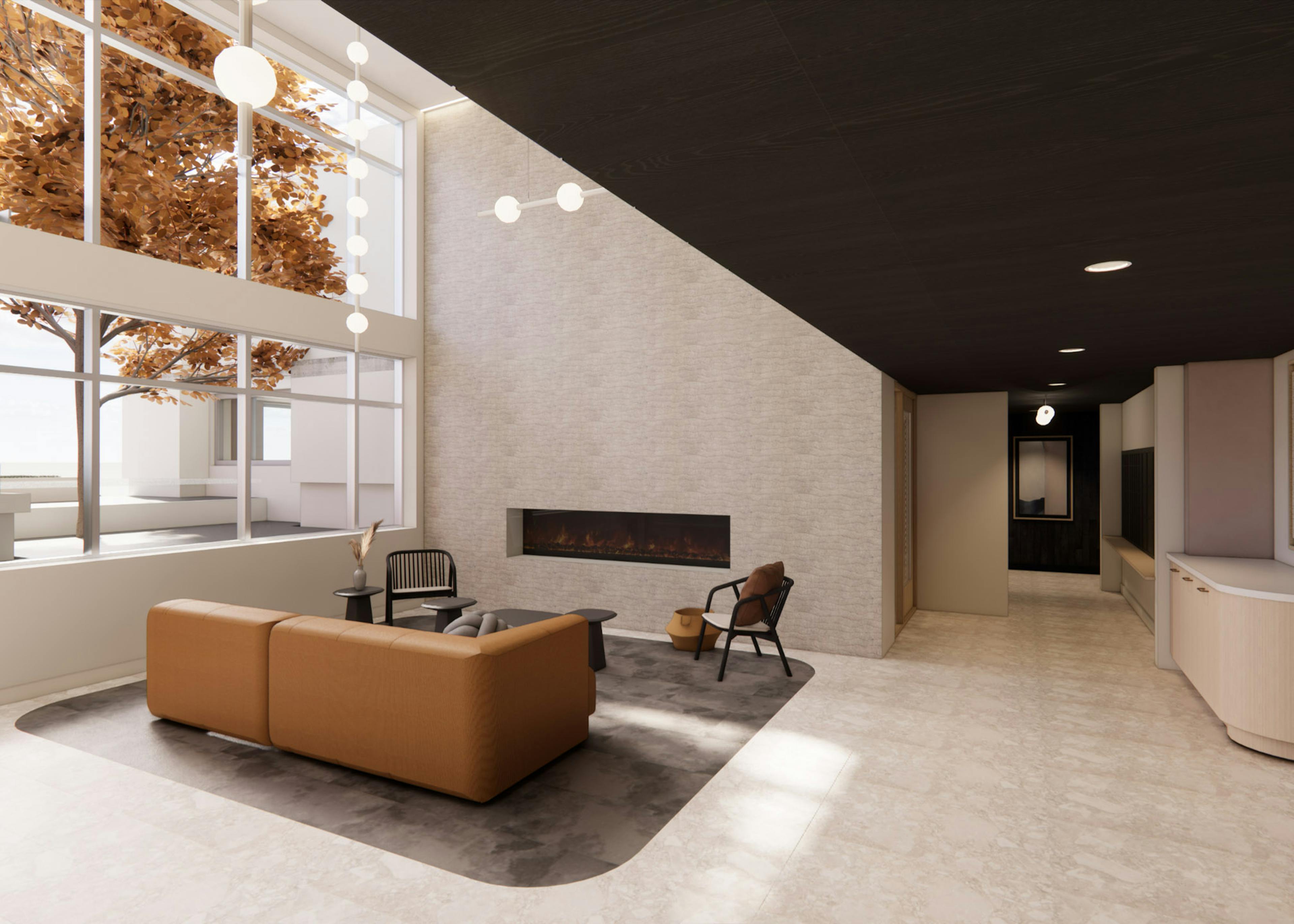 Rendering of modern AMLI 535 lobby with large windows and view of autumn trees with tan sofa and fireplace leading to mailroom
