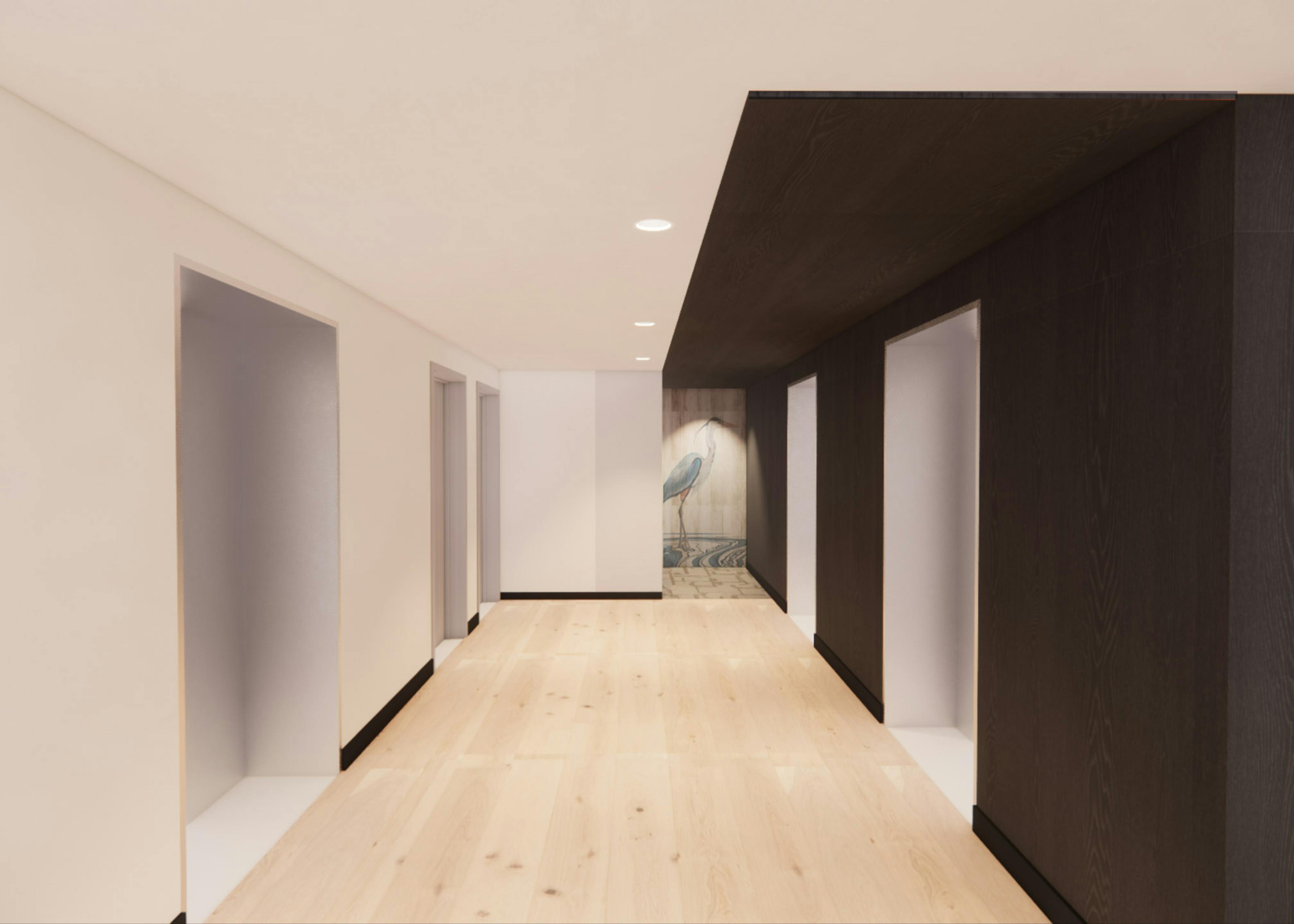 Rendering of modern interior hallway with wood floors and 5 elevators set in white and dark walls with at AMLI 535 apartments