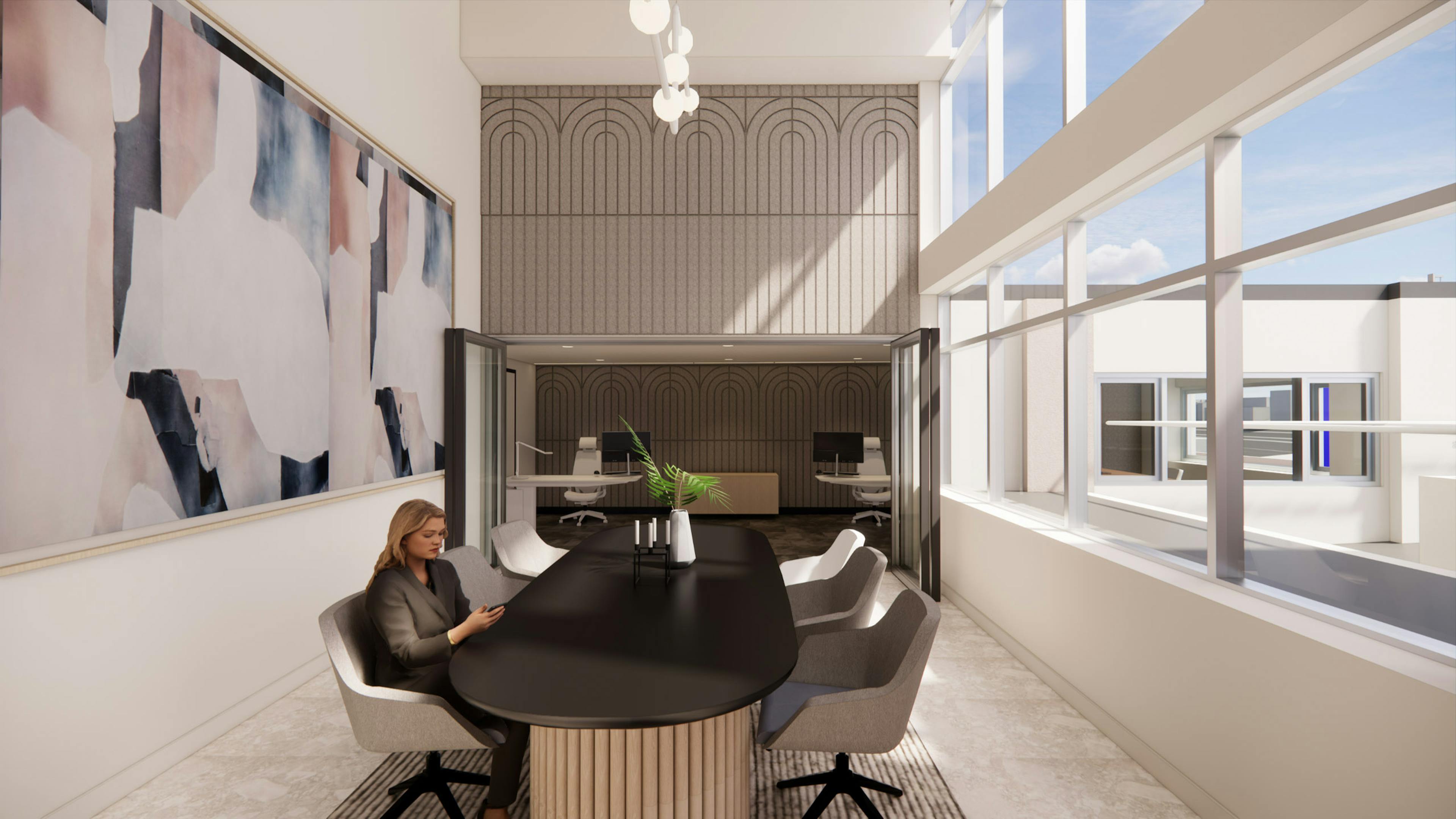 A rendering of AMLI 535 leasing office with a person at an oval table surrounded by beige armchairs and large windows and abstract art