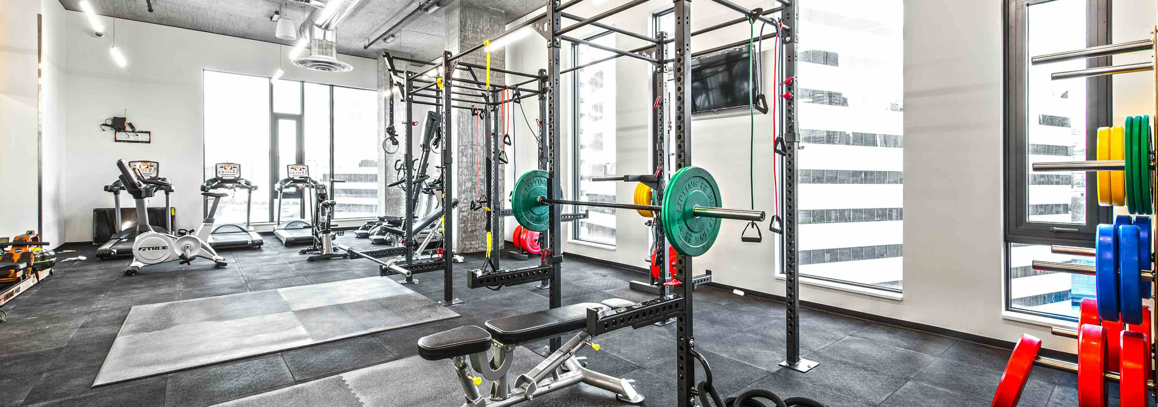 Interior Fitness Center of AMLI Arc with free standing weights squat racks with colorful weights and cardio equipment  