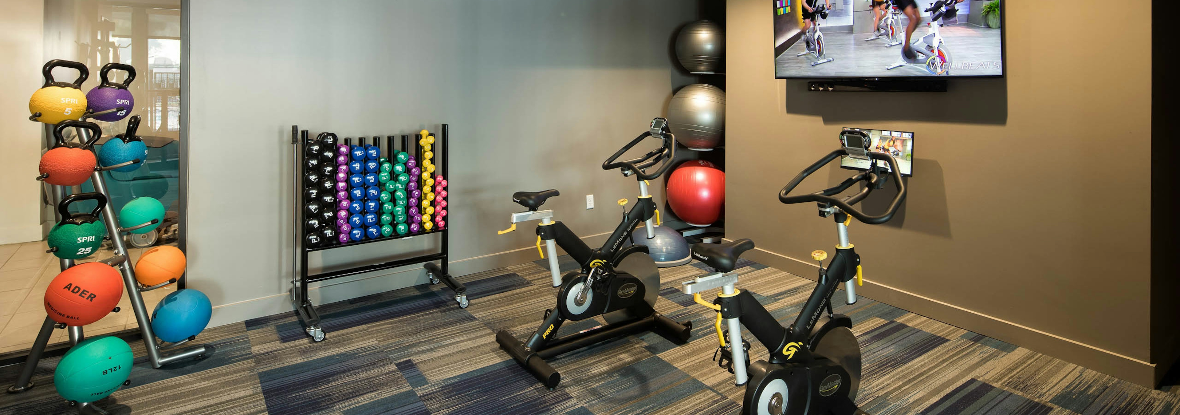 AMLI on Aldrich fitness center featuring colorful kettlebells and exercise balls with two exercise machines in front of a TV