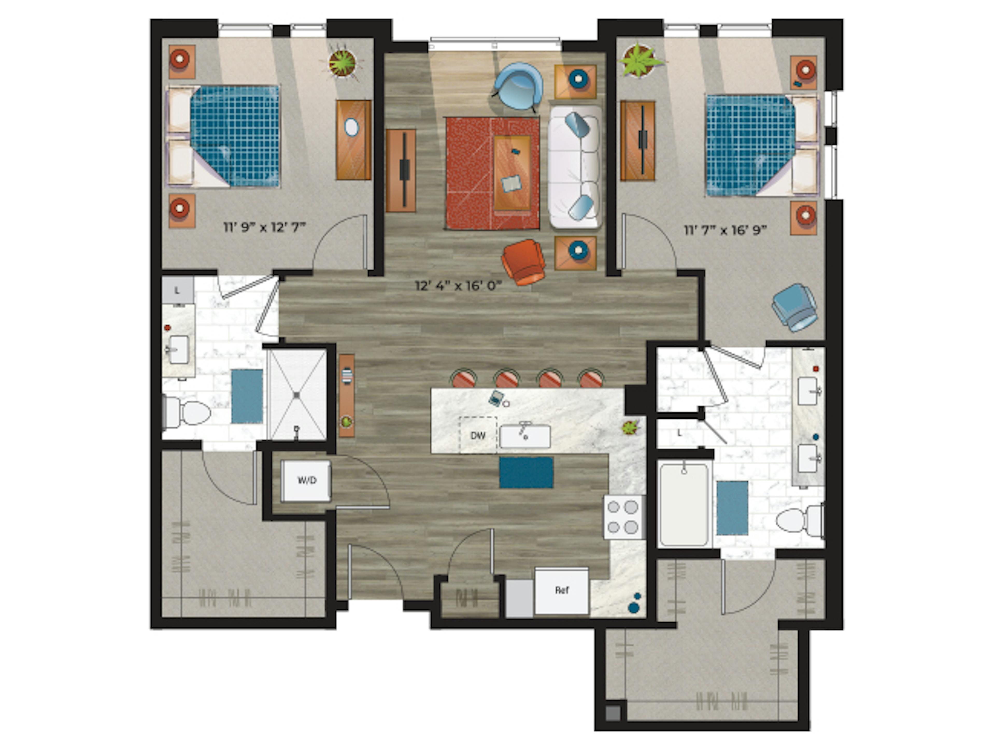 C7a floor plan, 2 Bedroom, 2 Bathroom at AMLI at Uptown apartments