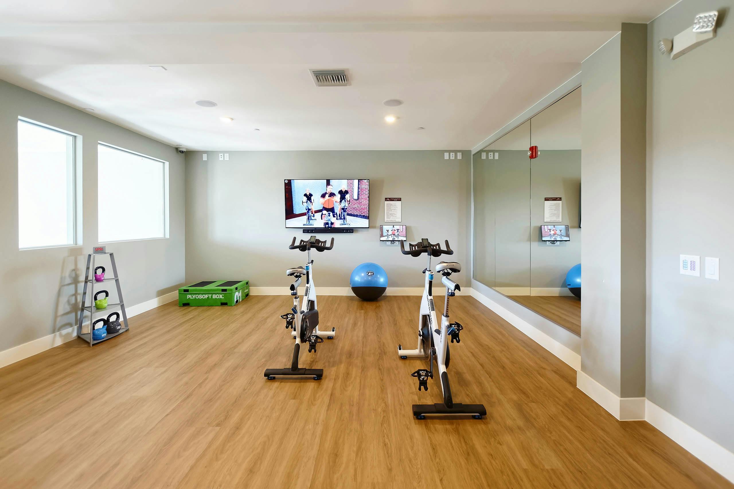 Spin studio at AMLI Dry Creek apartments with two stationary bicycles and a television as well as medicine balls and mirror