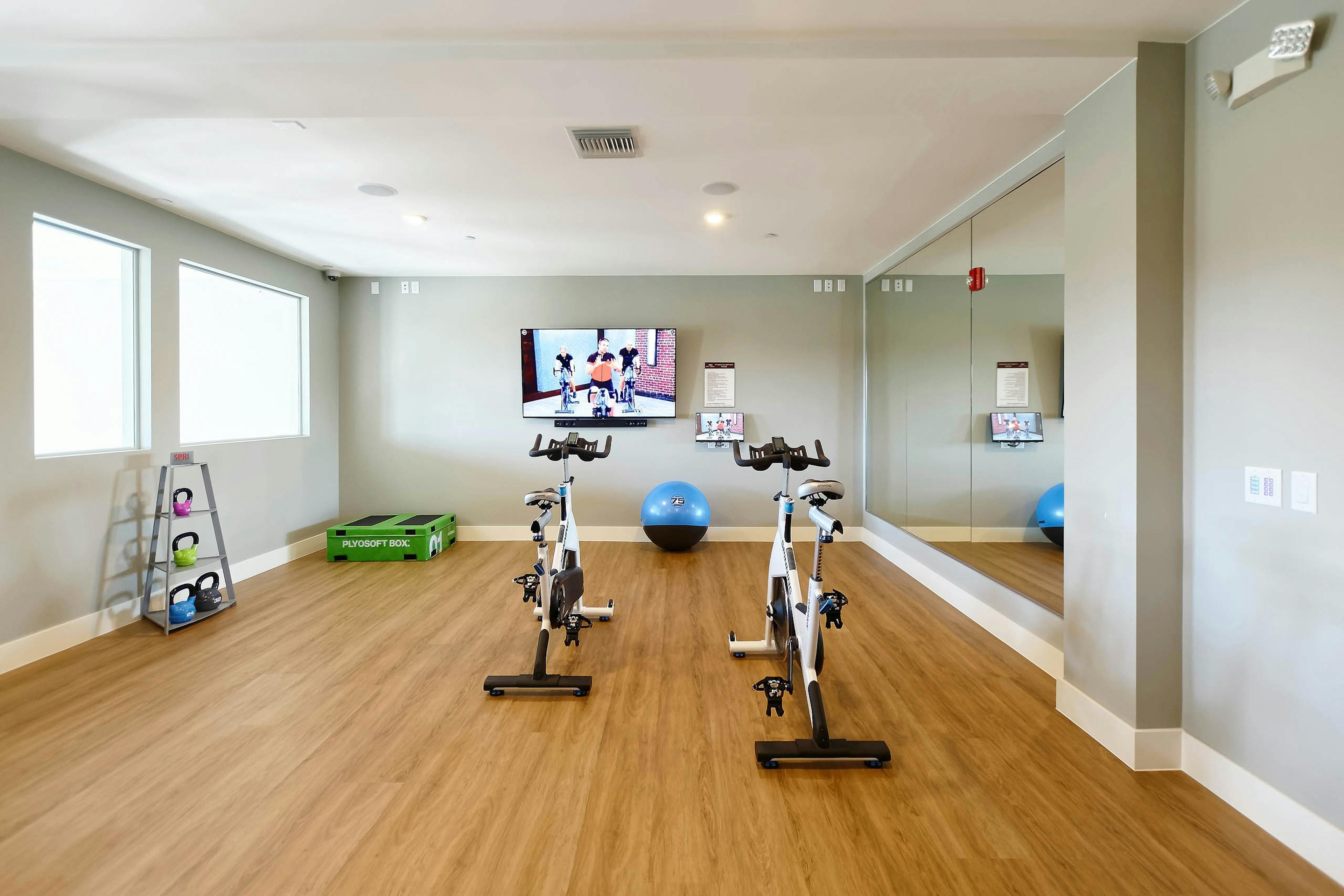 Spin studio at AMLI Dry Creek apartments with two stationary bicycles and a television as well as medicine balls and mirror