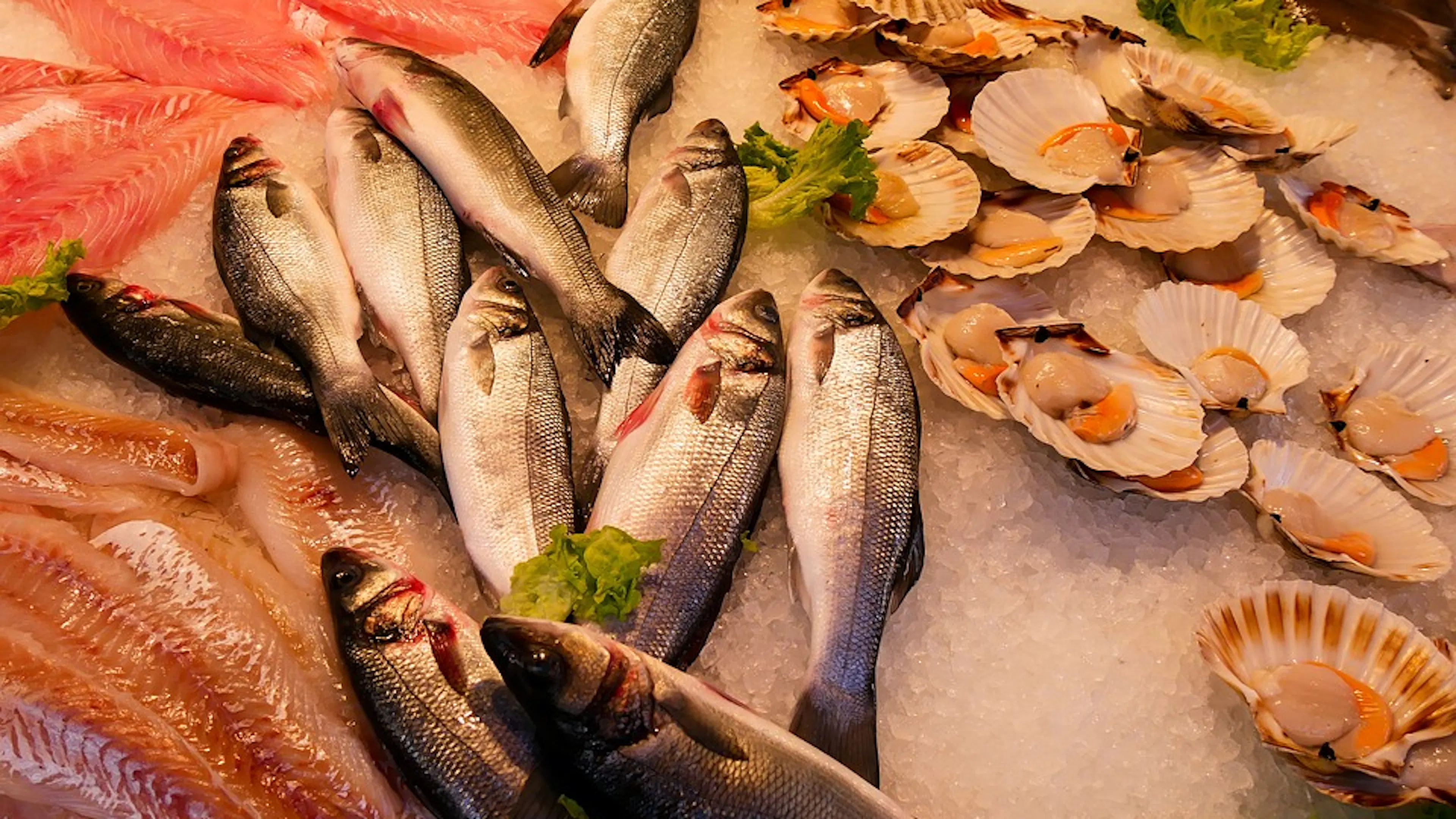 Fresh fish and fresh mussels lying on a bed of ice with a few sprigs of lettuce separating them