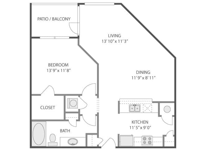 A3f floor plan, 1 Bedroom, 1 Bathroom at AMLI Quadrangle apartments