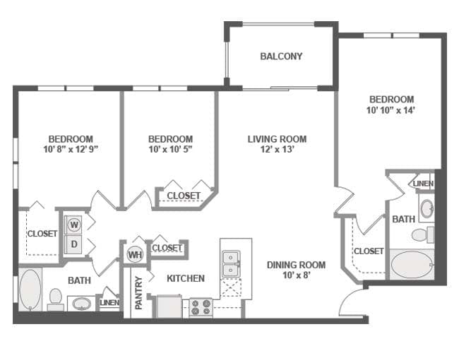 D3 floor plan, 3 Bedroom, 2 Bathroom at AMLI Toscana Place apartments