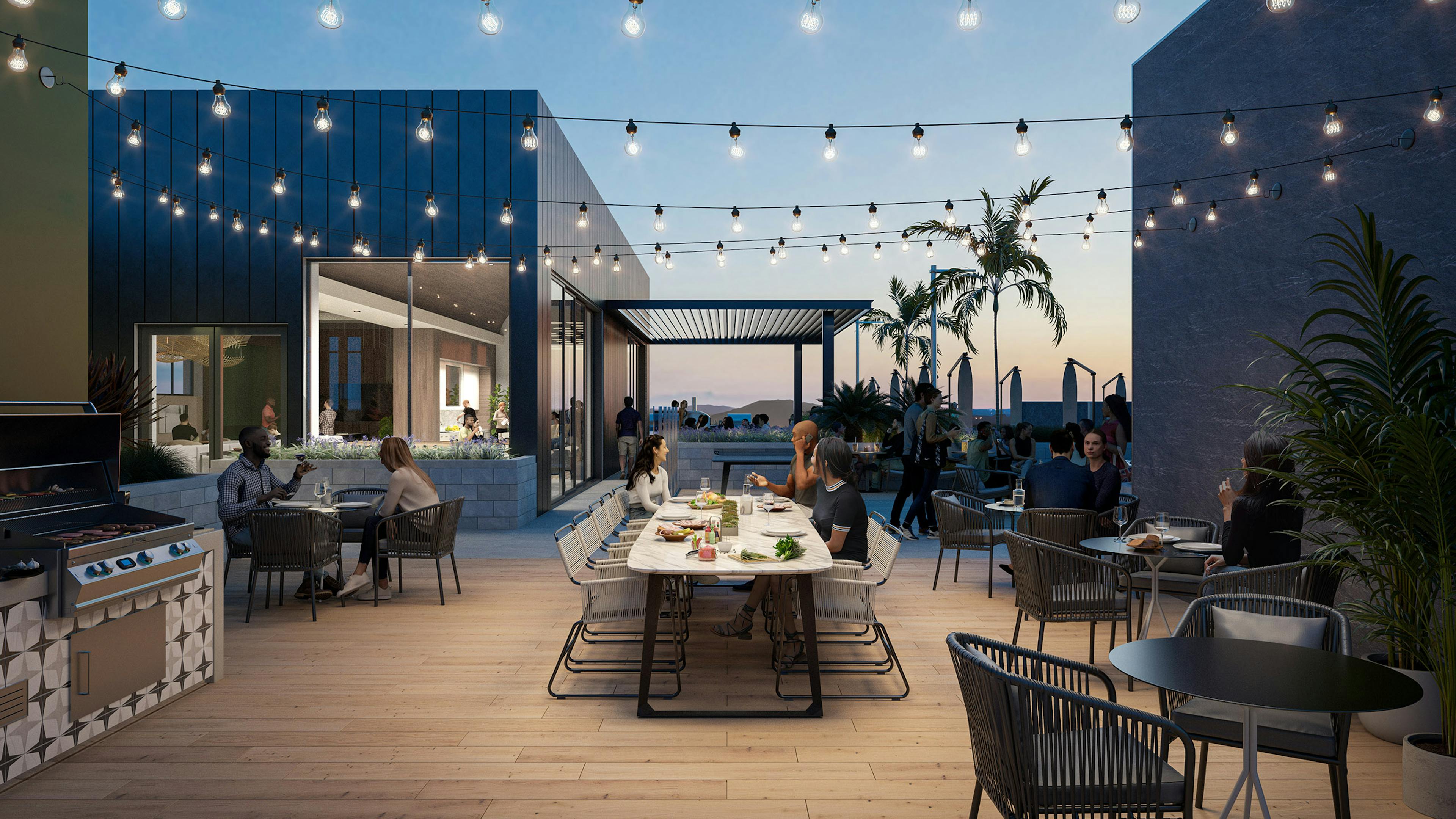 Rendering of rooftop grill area at AMLI Aero with groups of people sitting around tables eating and overlooking scenic views
